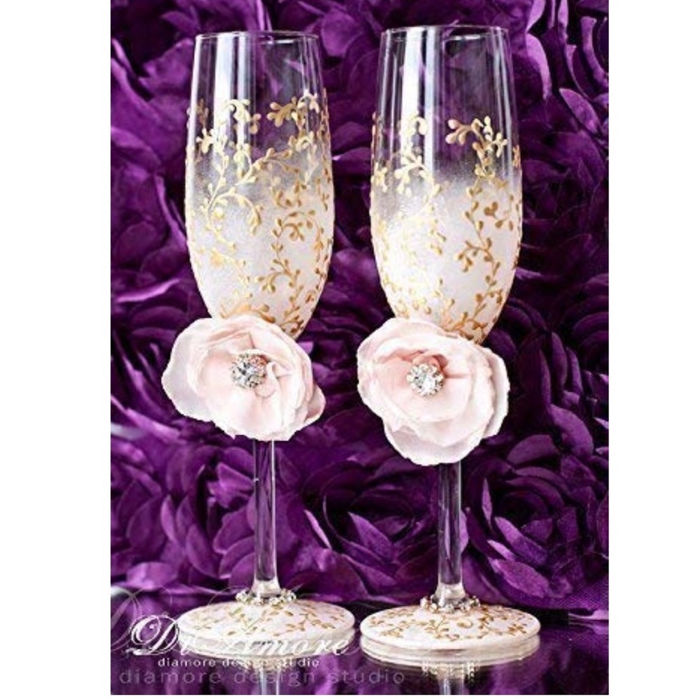 DIAMORE Handmade Blush Floral/Lace Gold Wedding Champagne Flutes (Set of 2)